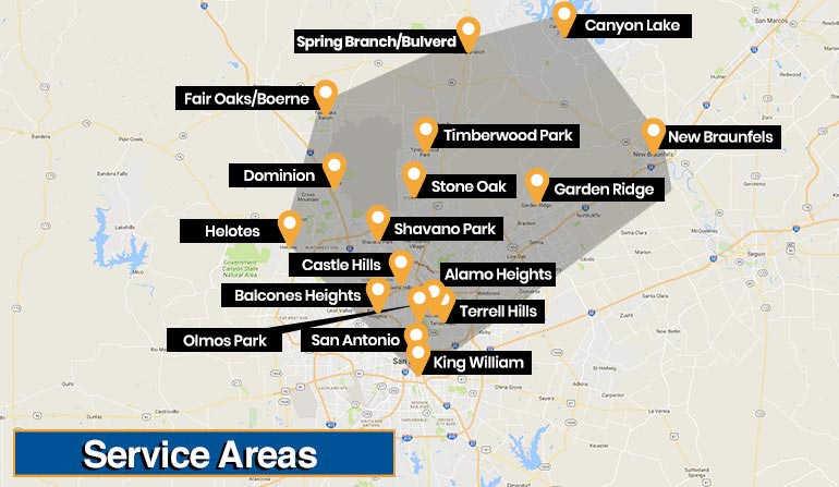 Map highlighting service areas, including San Antonio, Spring Branch, New Braunfels, Helotes, and more.