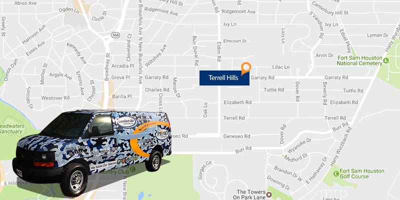 Terrell Hills map with Comfort Air van parked on top of it