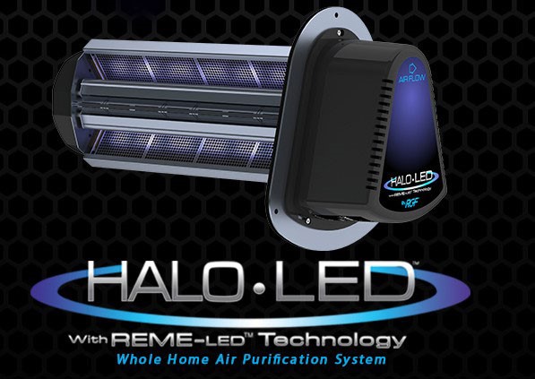 Graphic with image of a Reme Halo UV light. The text reads, "HALO LED with REME LED Technology. Whole-home air purification system."