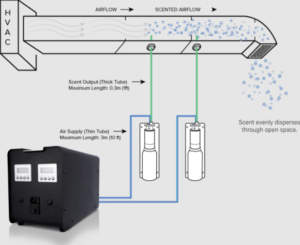 Graphic image showing how air flows from an HVAC system, through the ductwork and past the HVAC scenting solutions.