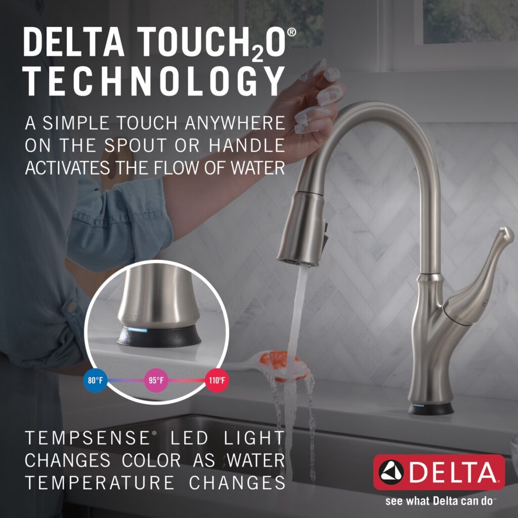 Graphic showing woman using the touchless faucet from Delta.