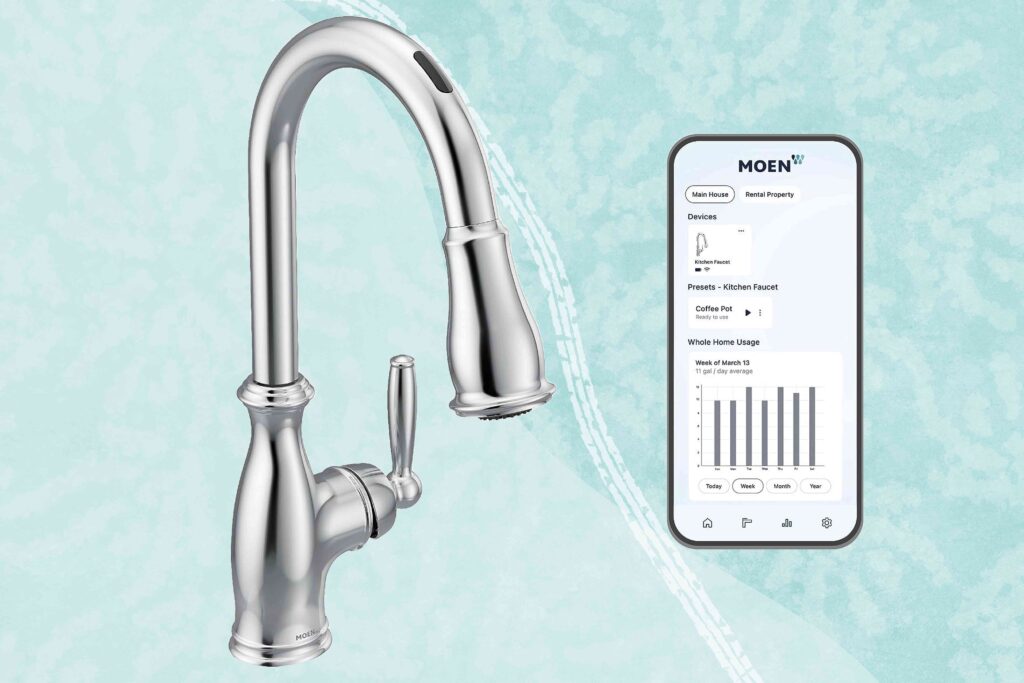 Graphic showing a Moen smart faucet and a phone; implying the faucet is compatible with smart phones.