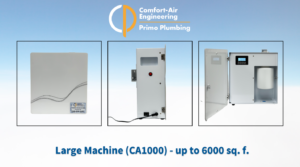 Graphic showing the sides of Comfort-Air's large-sized HVAC scenting machines, which is ideal for spaces up to 6000 square feet.
