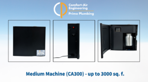 Graphic showing the sides of Comfort-Air's medium-sized HVAC scenting machines, which is ideal for spaces up to 3000 square feet.