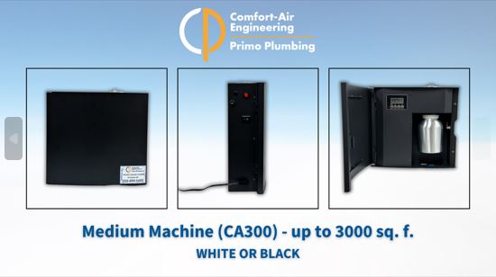 Graphic showing the sides of Comfort-Air's medium-sized HVAC scenting machines, which is ideal for spaces up to 3000 square feet.